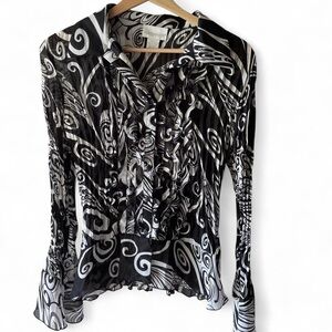 Y2K Crinkle Sheer Worthington Black and White Swirl Button Down Shirt